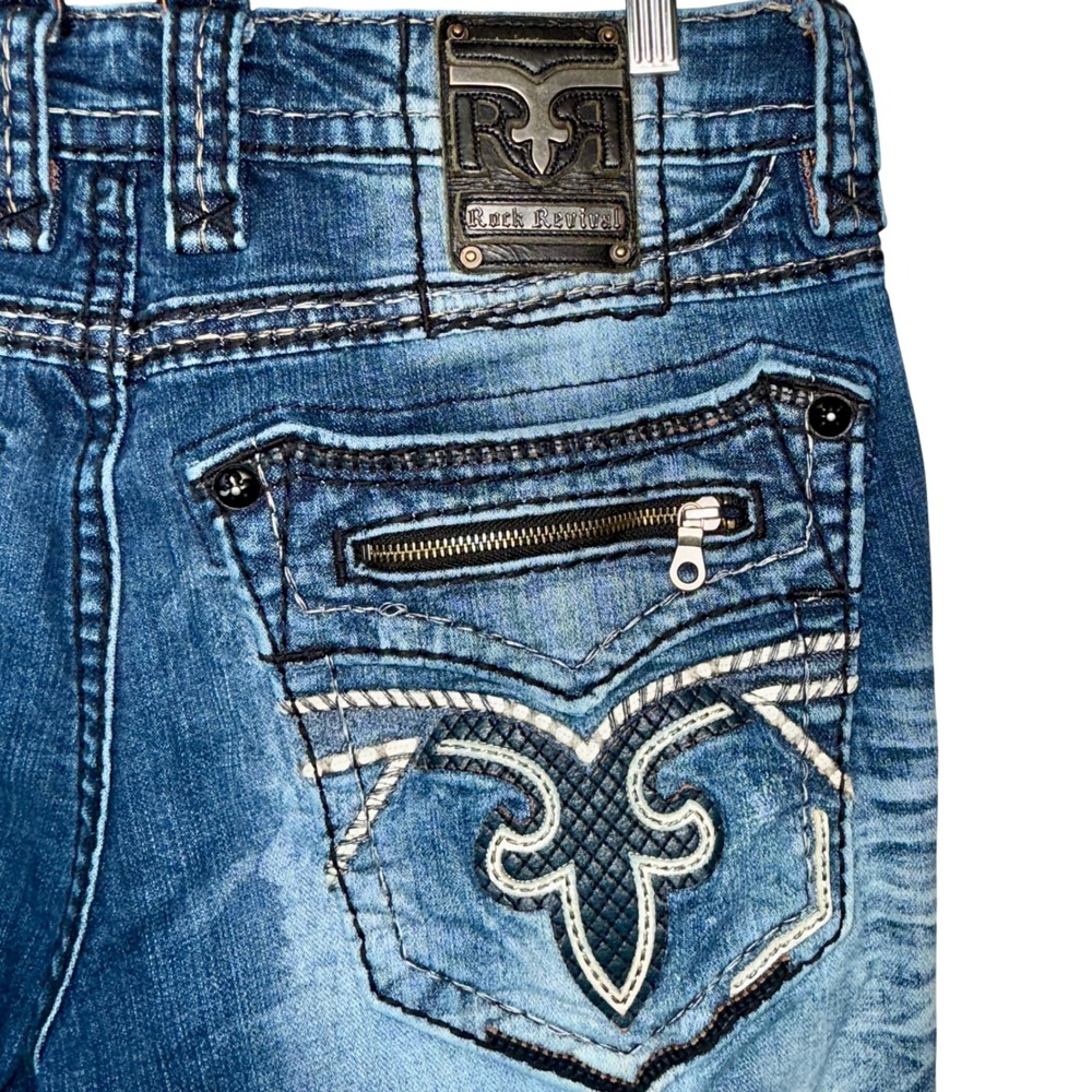 Rock Revival Mens Montell Straight Leg Jeans Blue Wash Heavy Stitch Size 34
